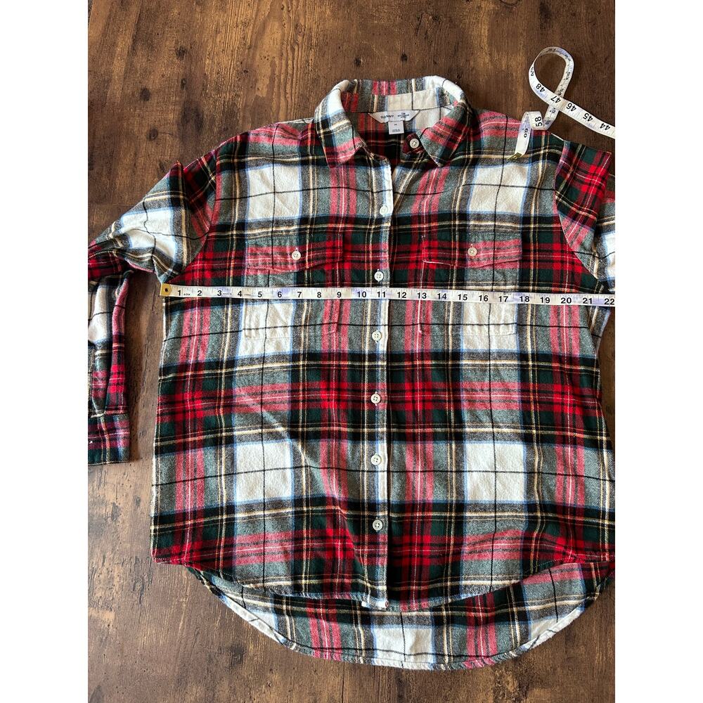 Women’s Medium Boyfriend Cut Cotton Winter Cream, Red, & Green Plaid Flannel - Picture 3 of 9
